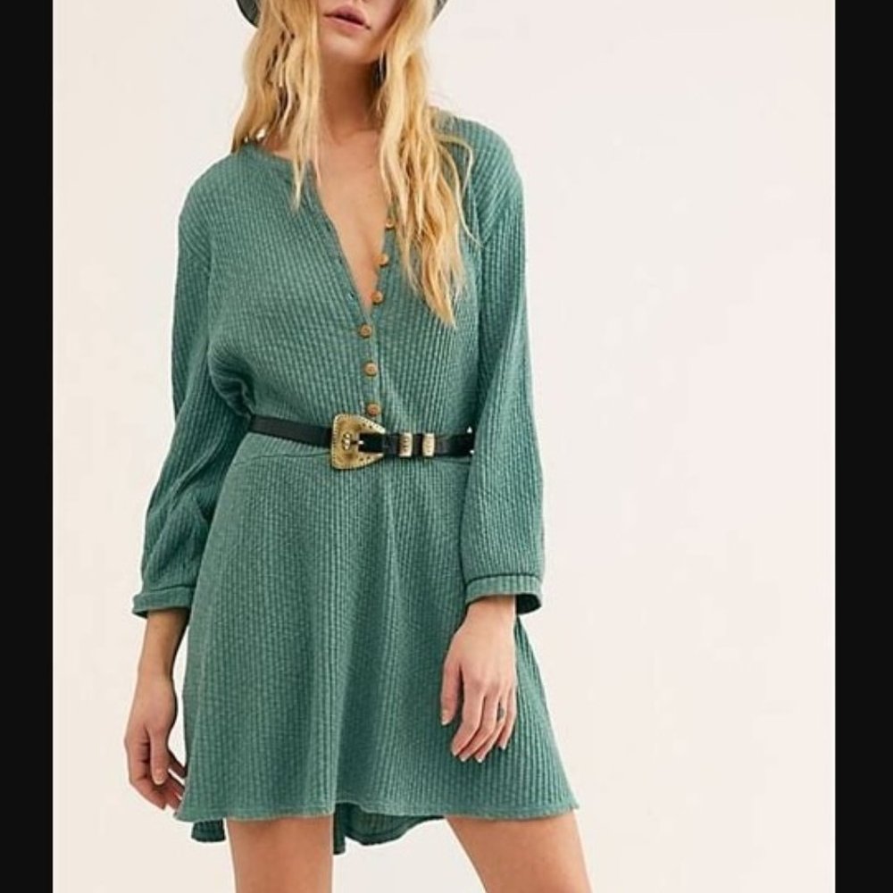 Free People FP Beach Blossom Ribbed Henley Waffle Knit Dress | Guacamole | XS